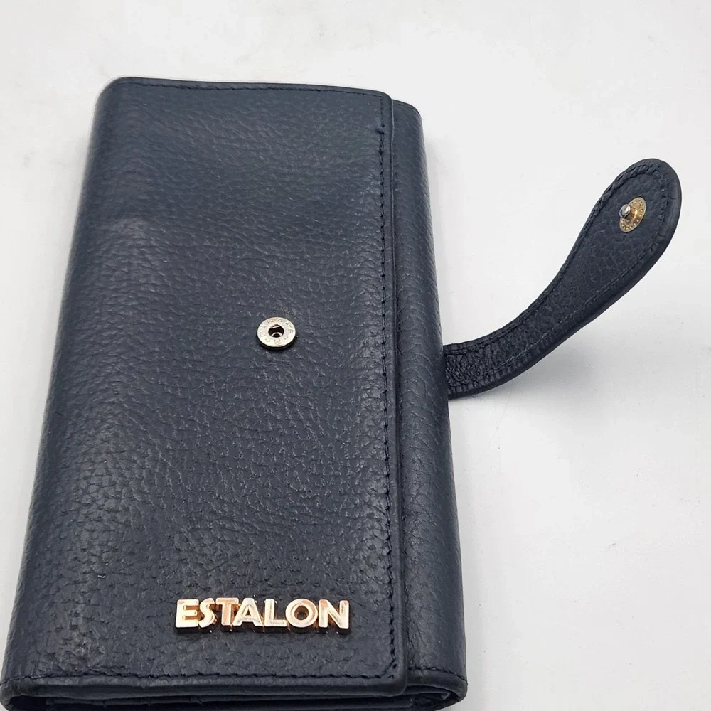 Estalon Pebbled‎ Leather RFID Long Wallet Trifold Snap Closure - Navy Blue